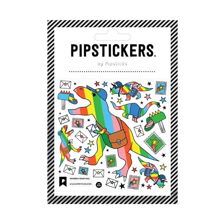 PipStickers are the PERFECT gift for the sticker lover in your life - even if it's you! These unique PVC designs with silver foil accents come on a clear backing and cannot be found anywhere else.

Includes one 4" x 4" sheet of Rainbow Roar Mail PipStickers and includes the Pipsticks manifesto.
