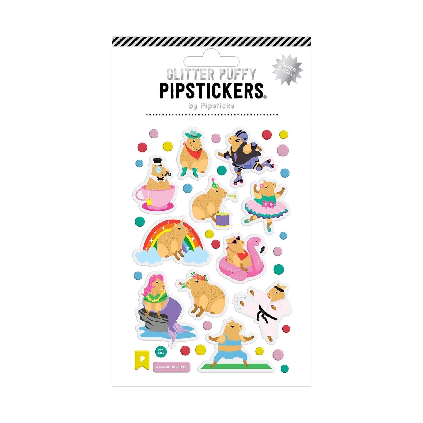 Main character energy, but make it capybara.

This glitter puffy sticker sheet is serving up the ultimate capybara glow-up - roller skating, tea sipping, rainbow lounging, flamingo floating, birthday celebrating, and even karate kicking. Basically? They’re booked, busy, and sparkling. With super shimmery accents and extra puffy goodness, these chill icons are here to remind you to do the most… while staying unbothered.

PipSticker Puffies are the PERFECT gift for the sticker collector in your life - even if
