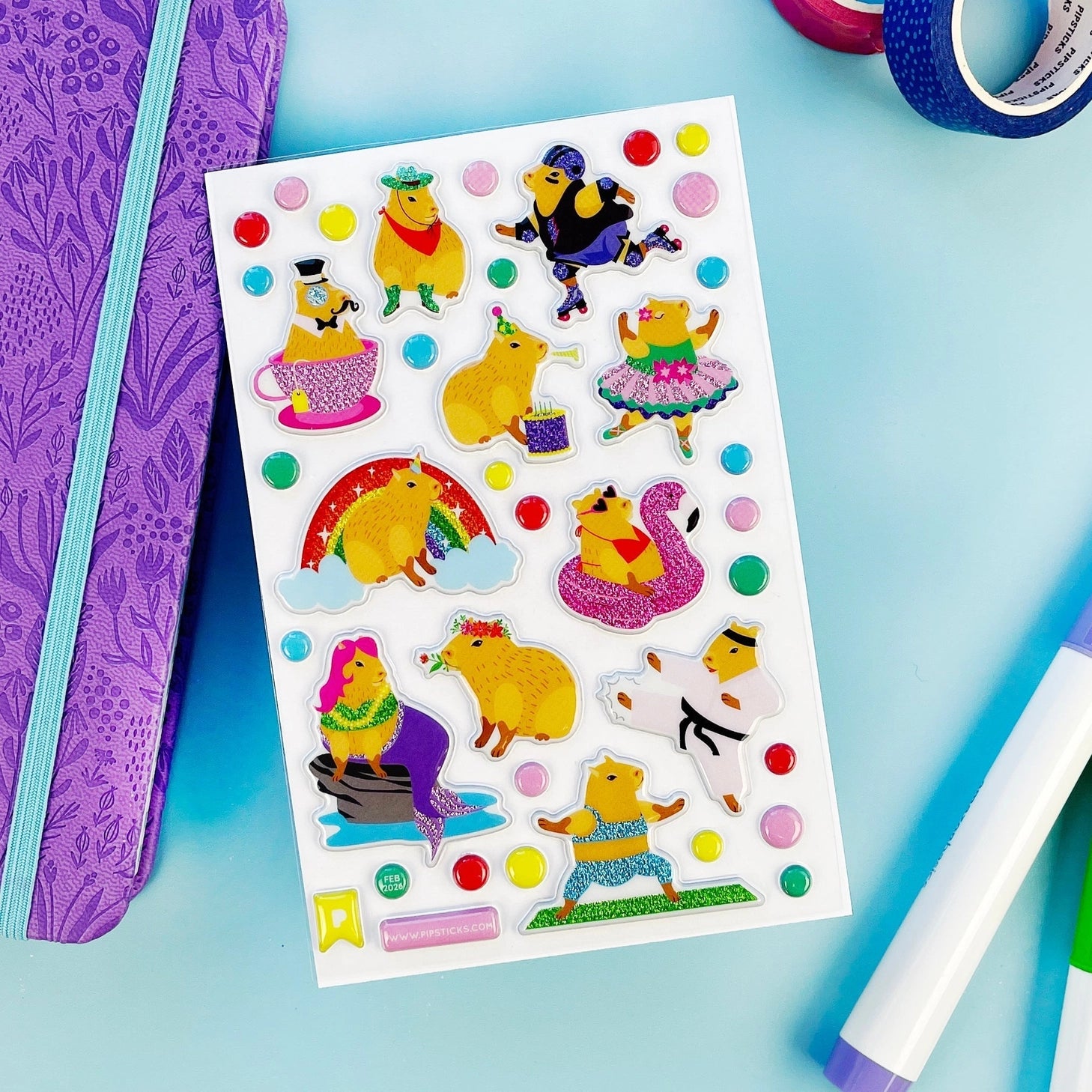 Main character energy, but make it capybara.

This glitter puffy sticker sheet is serving up the ultimate capybara glow-up - roller skating, tea sipping, rainbow lounging, flamingo floating, birthday celebrating, and even karate kicking. Basically? They’re booked, busy, and sparkling. With super shimmery accents and extra puffy goodness, these chill icons are here to remind you to do the most… while staying unbothered.

PipSticker Puffies are the PERFECT gift for the sticker collector in your life - even if