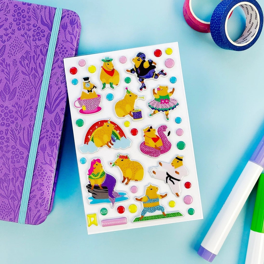 Main character energy, but make it capybara.

This glitter puffy sticker sheet is serving up the ultimate capybara glow-up - roller skating, tea sipping, rainbow lounging, flamingo floating, birthday celebrating, and even karate kicking. Basically? They’re booked, busy, and sparkling. With super shimmery accents and extra puffy goodness, these chill icons are here to remind you to do the most… while staying unbothered.

PipSticker Puffies are the PERFECT gift for the sticker collector in your life - even if