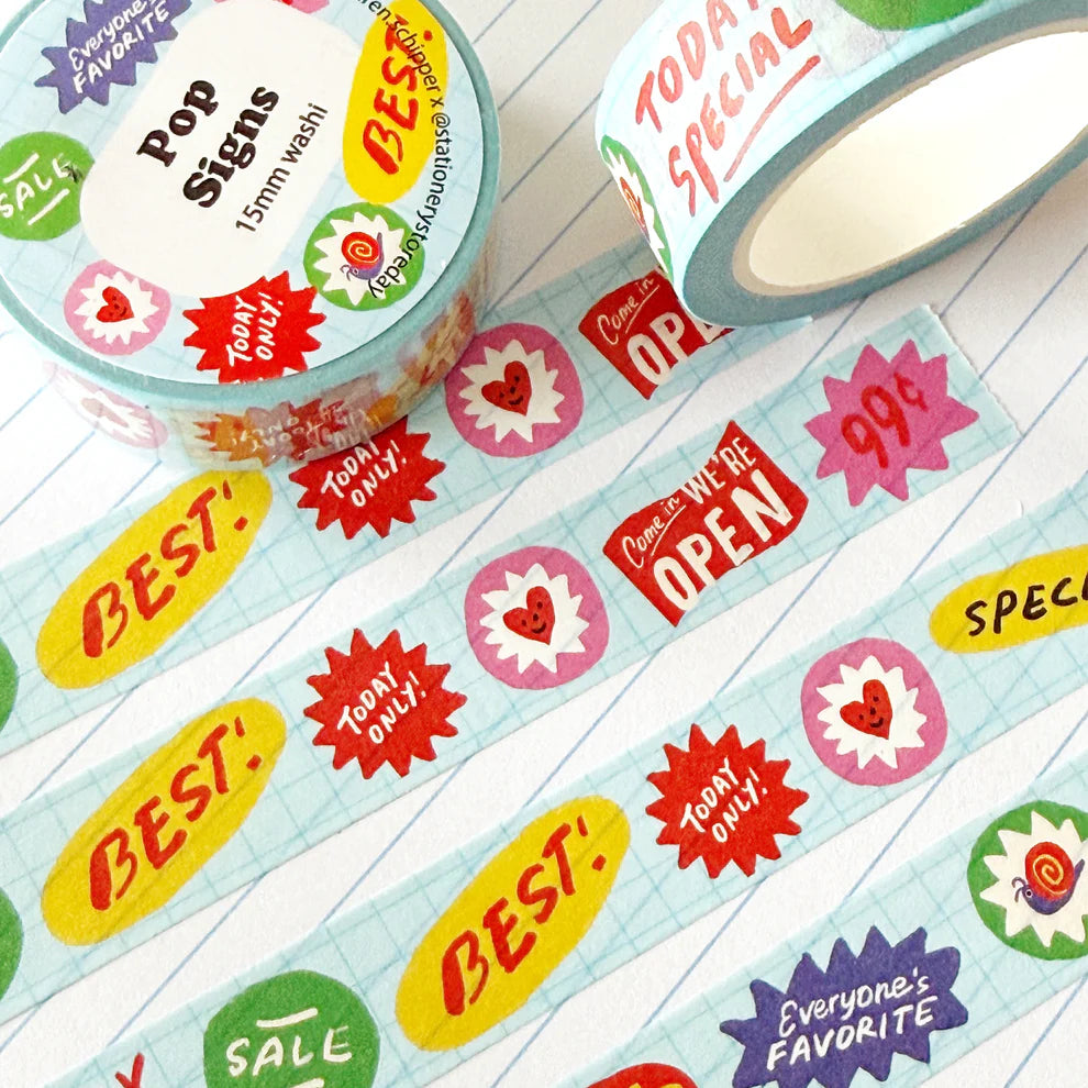 Cute pattern of window signs by Karen Schipper.

Perfect for decorating planners, journals, cards, gifts, and scrapbooks. The perfect roll of washi for stationery lovers!

15mm x 10m tape
Artwork property of Karen Schipper
Shrink-wrapped with label stickers on both sides (save for your junk journal!)