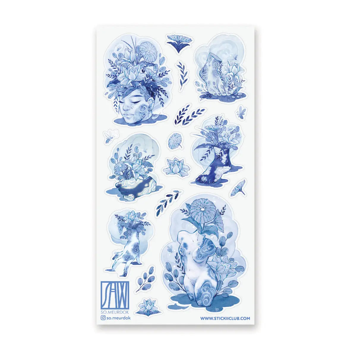 💐🌀 Step into @so.meurdok’s surreal garden, where faces, hands, feet, and figures blossom into living bouquets. Lush florals and striking blue details blur the line between body and bouquet, while foil accents trace every elegant curve like enchanted brushstrokes. A tiny art gallery, now in sticker form. Art by: @so.meurdok

Top Coating: Blue foil
Adhesive Layer: Paper
Backing Layer: Paper
6.69" x 3.54".
Weight - 0.03lbs
1 sheet included
