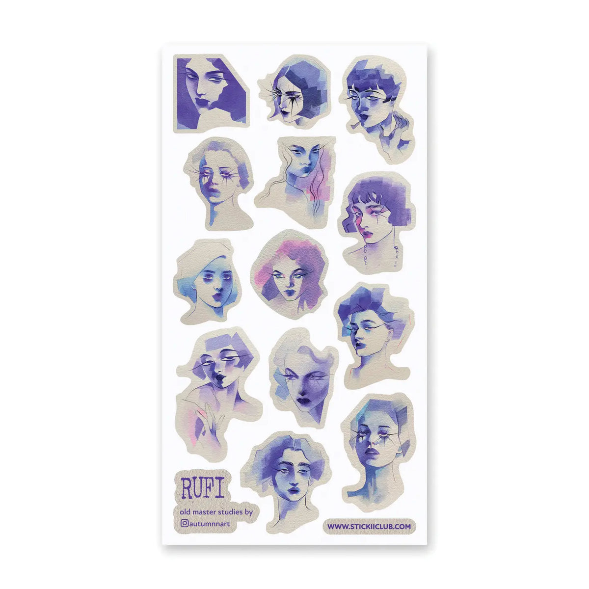 🎨💙 A study in blue, but never one-note! @artofrufi reimagines old master portrait studies with dreamy watercolor washes, striking expressions, and a palette of indigo, violet, and icy blue that gives us those moody dolce vita vibes. These faces feel like they stepped out of an art museum and straight into a technicolor daydream on the Amalfi coast! Art by: @artofrufi

Top Coating: None
Adhesive Layer: Paper
Backing Layer: Clear PET
6.69" x 3.54".
Weight - 0.03lbs
1 sheet included