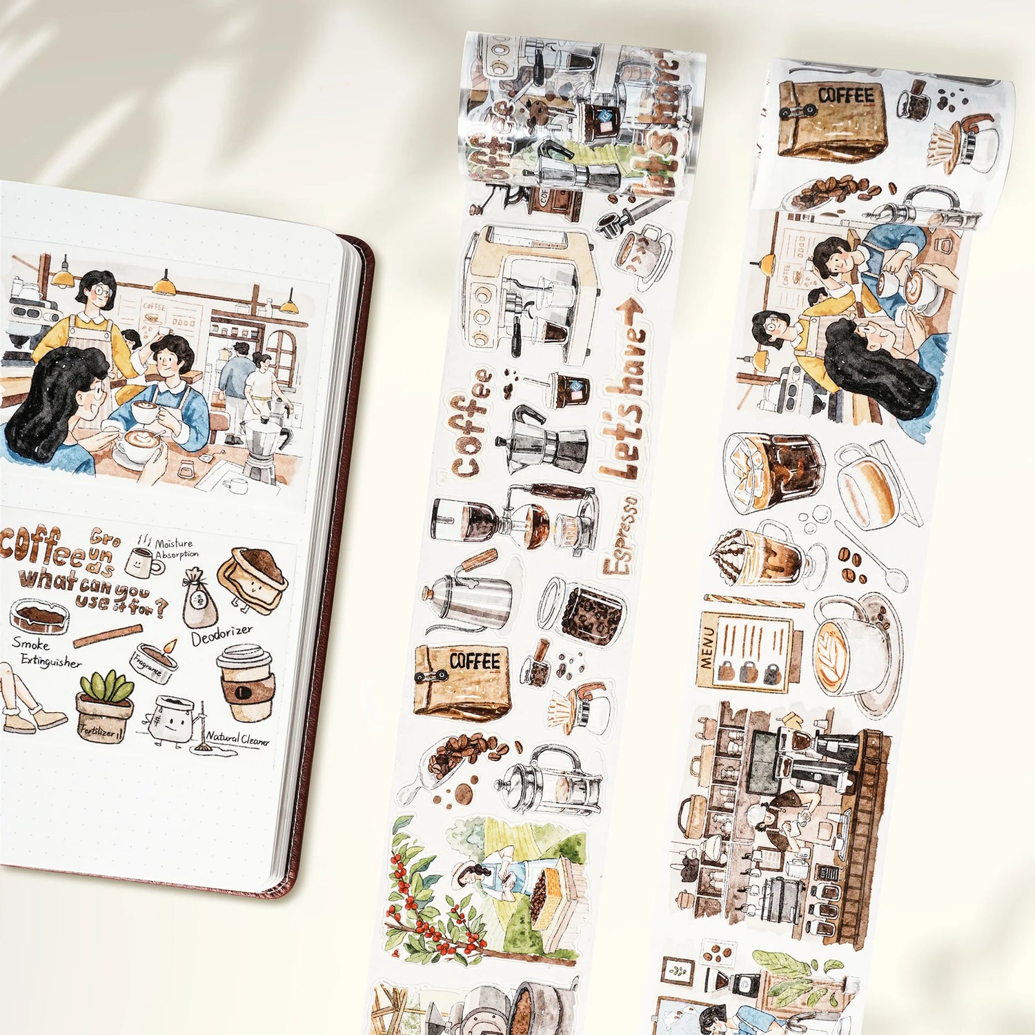 Meet our Life of Coffee PET Tape, a caffeine lover’s dream wrapped in a roll! This tape takes you on a delightful journey of the humble coffee bean, capturing its transformation from plant, to bustling coffee shop, and finally enjoyed by devoted coffee enthusiasts. Each section is illustrated with charming details and vibrant scenes that brew up a sense of warmth and nostalgia.&nbsp;

Artist: Antonia_Roxy

Brand: WT (&nbsp;The Washi Tape Shop)
Pre-cut PET Tape
Size: 70mm×5m
Design Loop: 100cm
Material: PET 
