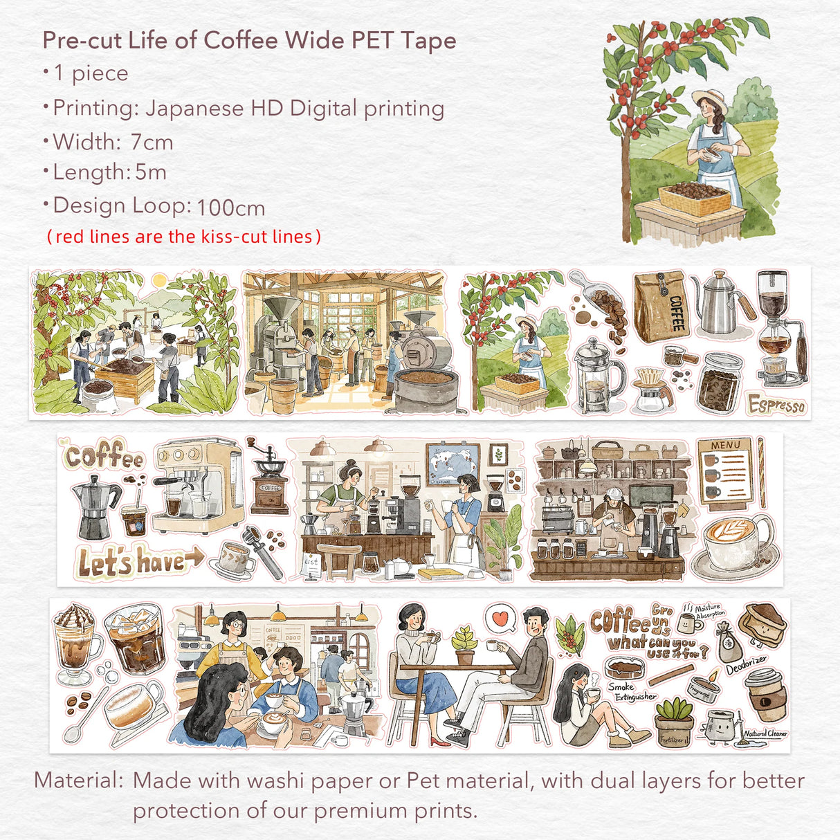 Meet our Life of Coffee PET Tape, a caffeine lover’s dream wrapped in a roll! This tape takes you on a delightful journey of the humble coffee bean, capturing its transformation from plant, to bustling coffee shop, and finally enjoyed by devoted coffee enthusiasts. Each section is illustrated with charming details and vibrant scenes that brew up a sense of warmth and nostalgia.&nbsp;

Artist: Antonia_Roxy

Brand: WT (&nbsp;The Washi Tape Shop)
Pre-cut PET Tape
Size: 70mm×5m
Design Loop: 100cm
Material: PET 