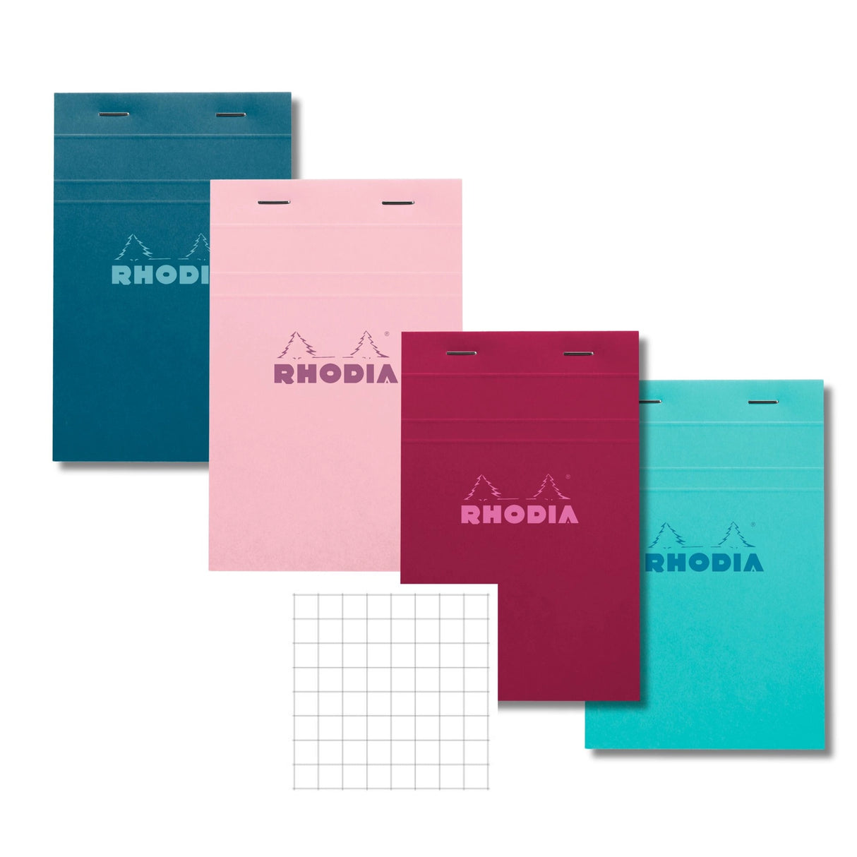 Rhodia's iconic staple-bound pad, now available in four distinct new colors: Azure, Powder Pink, Peacock, and Plum. Made in France

Size: 5.75 x 8.25"&nbsp;

80gsm ultra white paper, graph grid
Fountain pen and marker friendly
80 microperforated sheets
Cardboard underside provides a firm writing surface

Includes 1 Notepad. Cover color is selected at random.