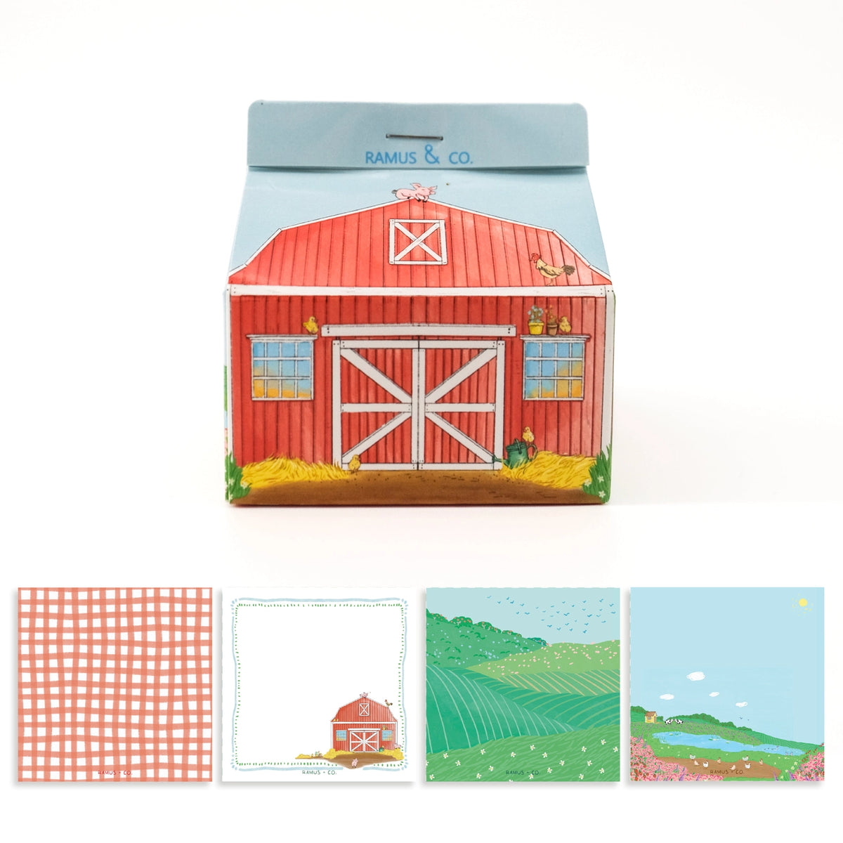 Ramus &amp; Co. - Farm Life Note Carton

Fresh notes, served daily! This Ramus &amp; Co. mini carton comes filled with 200 handy 3×3 inch paper notes (in four different designs!), perfect for quick lists, messages, and bright ideas.

Simply remove the perforated door on the front for quick access whenever inspiration strikes. Equal parts practical and gift-able, it’s a cheerful addition to any desk, kitchen counter, or workspace!

4 x 4 inch note carton holder
(200) 3 x 3 inch paper notes
4 unique note desi