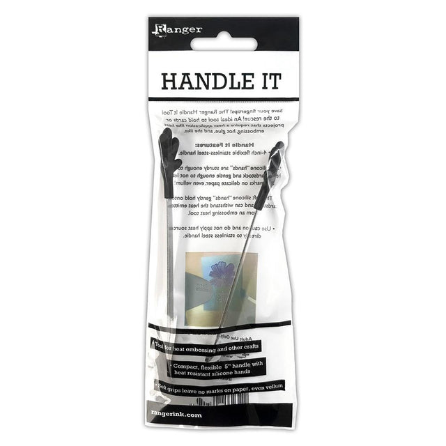 Save your fingertips! The Ranger Handle It Tool to the rescue! An ideal tool to hold cards or projects that require a heat application like heat embossing, hot glue, and the like. Soft silicone hands are sturdy enough to hold heavy cardstock and gentle enough to not leave any marks on delicate paper, even vellum! Features a 4-inch flexible stainless-steel handle. Imported.