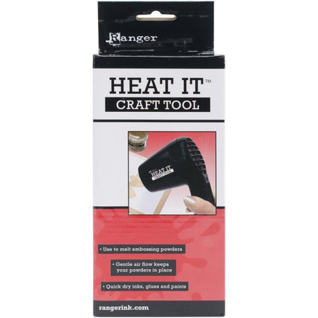 Gentle air flow keeps your powders in place! It is quiet, ergonomic, quick, and safe! This tool is great for curing embossing powders, shrinking plastic and tubing quick drying inks, glues and paints. Use for all your craft heating needs! UL approved and as fast as a heat gun.

This package contains one 120V Ranger Heat It Craft Tool.&nbsp;