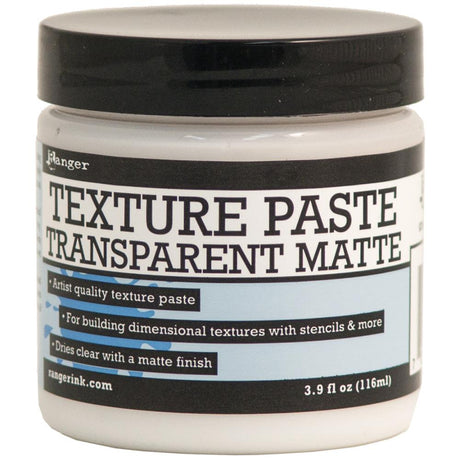 Ranger's artist quality texture paste is ideal for adding dimensional layers onto a variety of surfaces. Apply paste to surfaces using a palette knife, use with stencils for defined shapes, or create textures and patterns. Customize the past by inking or painting directly over the dry paste, or by mixing in acrylic paints, re-inkers and other texturizing elements.

This package contains Ranger Texture Paste Transparent Matte, 3.9 ounces.&nbsp;