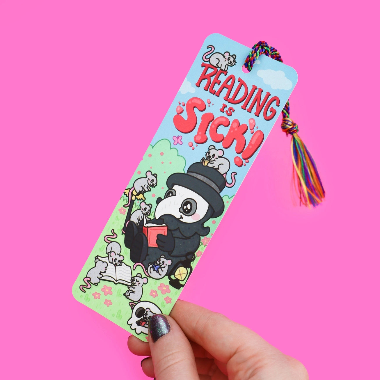 Are you down with the sickness that is reading? This plague doctor is! He’s researching new ways to treat his patients. Right now, he’s reading a book about bloodletting! He often lets his rat friends read along with him and accompany him at work. They make excellent company!

Hold your spot in style with our fun and funky bookmark collection! Whether you prefer romance, fantasy, or science fiction, our bookmarks will fit perfectly between the pages of your favorite novel.