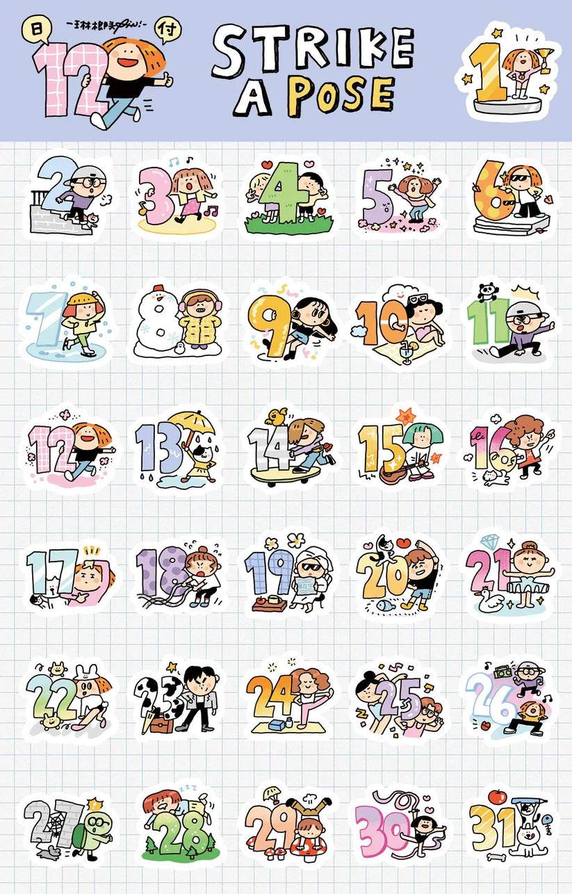 Volume 4:
Today we bring you the <strike a="" pose=""> category, the inspiration comes from the lyrics "Strike a Pose, Pose, Pose, Pose..." from Vogue. So, next to each number, there will be a cute little figure striking a pose. To get by in life, you have to learn how to strike a pose! Click!

Full roll: 30mm wide x 5m long (5 loops)
Materials: Washi tape on release paper</strike>