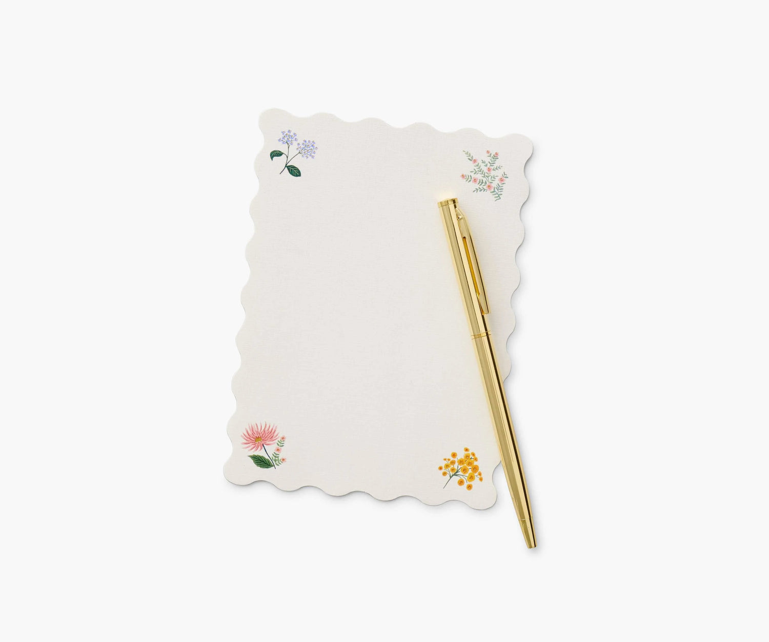 130 linen-textured sheets with metal gold accents and a gold pen with black ink in a reusable desk organizer.