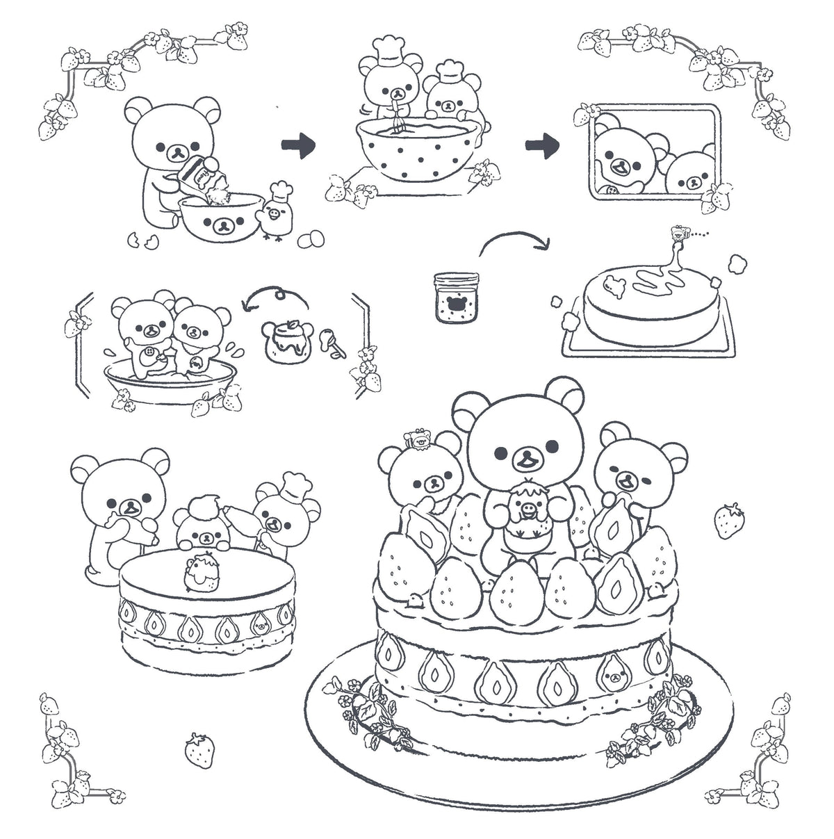 Join the lazy bear Rilakkuma and friends for an adorable coloring adventure full of sweet and savory treats, from berries and cakes to hamburgers and pizza. This book is one of the first in a new series of officially licensed Rilakkuma coloring books!

Rilakkuma, meaning “bear in relaxed mode,” is beloved worldwide for its irresistible kawaii cuteness. Now, for the first time, you can collect a series of cute and cozy coloring books featuring Rilakkuma, Korilakkuma, Chairoikoguma, Kiiroitori, and friends. T