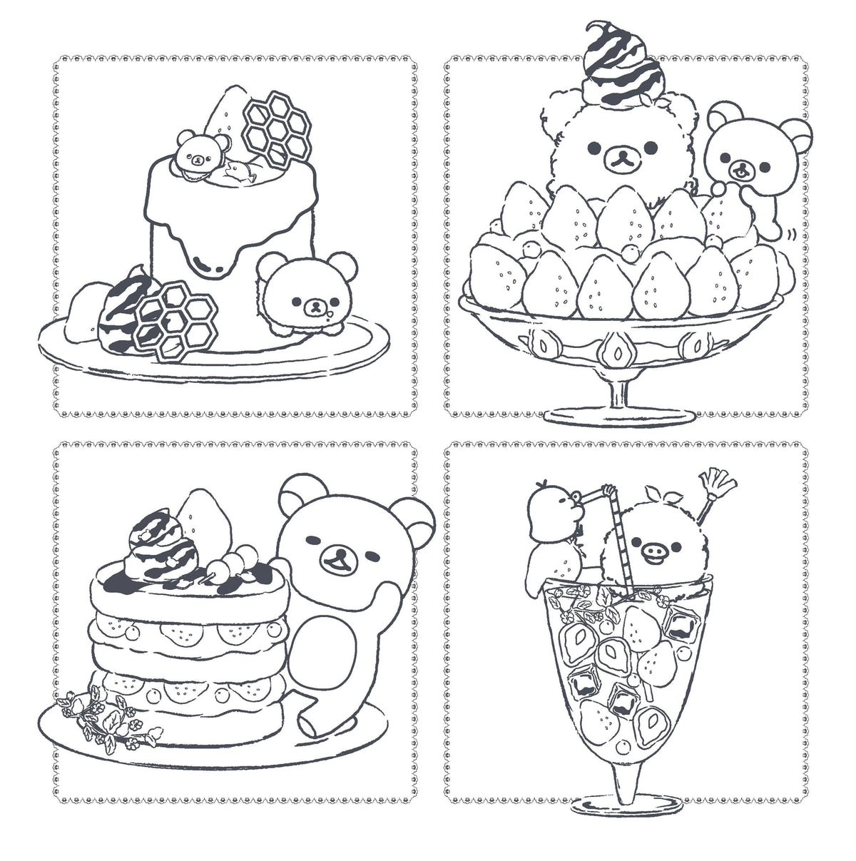 Join the lazy bear Rilakkuma and friends for an adorable coloring adventure full of sweet and savory treats, from berries and cakes to hamburgers and pizza. This book is one of the first in a new series of officially licensed Rilakkuma coloring books!

Rilakkuma, meaning “bear in relaxed mode,” is beloved worldwide for its irresistible kawaii cuteness. Now, for the first time, you can collect a series of cute and cozy coloring books featuring Rilakkuma, Korilakkuma, Chairoikoguma, Kiiroitori, and friends. T