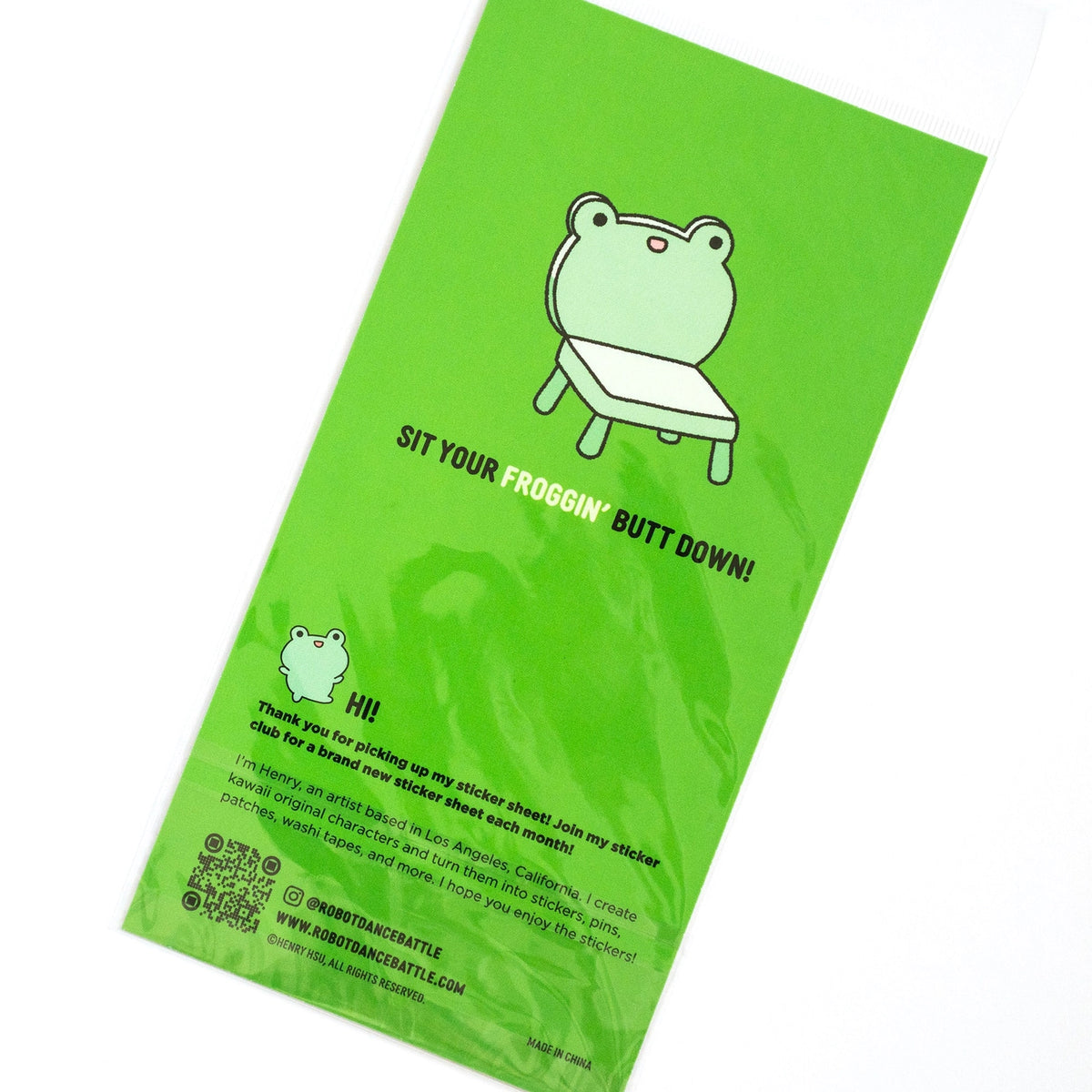 This is part of a new series of sticker sheets that feature different "days".

There are 20 individual stickers on the sheet full of frog furniture.

They are vinyl stickers on a clear plastic sheet with a backing card.

The whole packaging is 3.8 x 8.75" and is ready to hang.
The sticker sheet is 3.75 x 5.8"