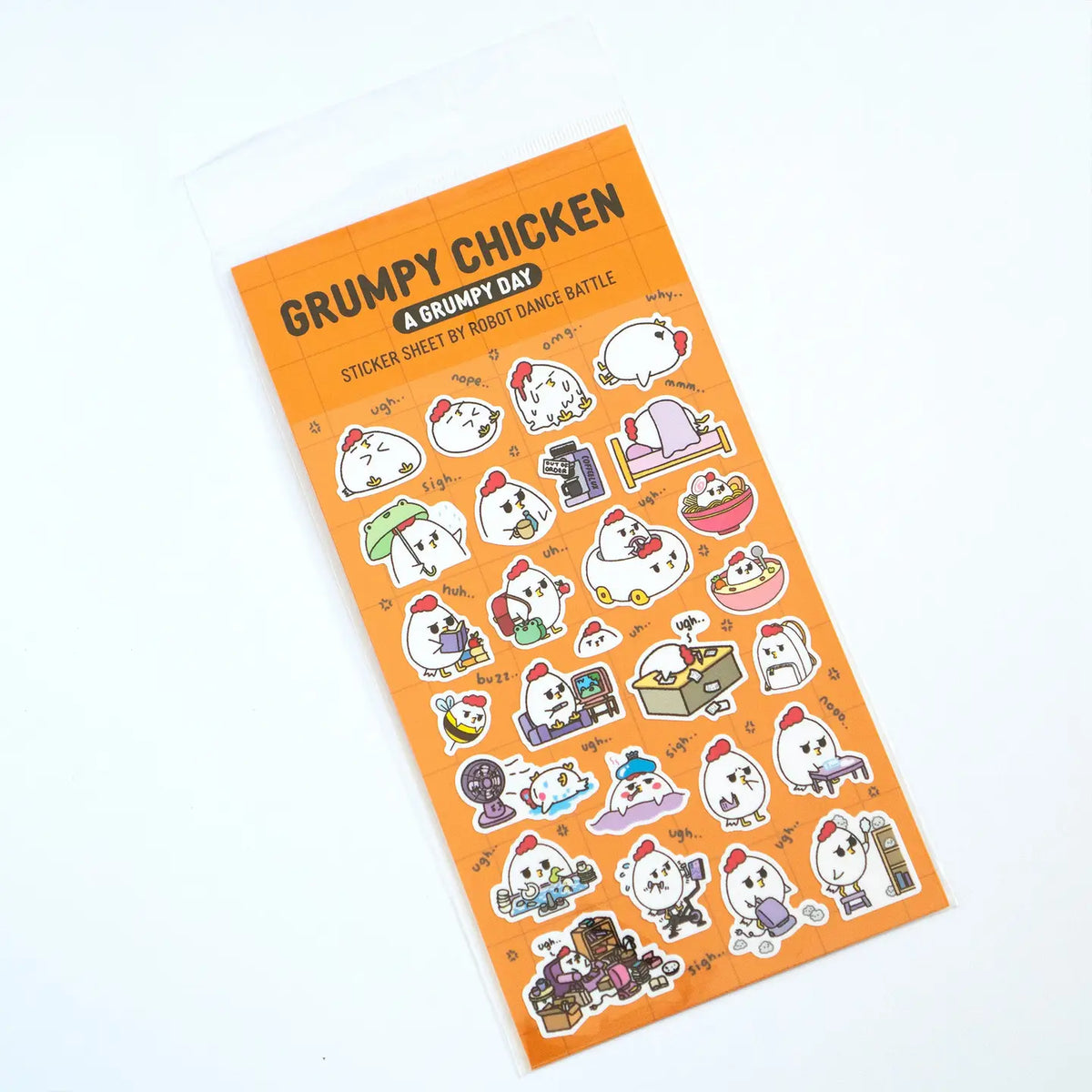 Grumpy Chicken is all sorts of moods, but mostly grumpy.

There are 27 individual stickers on the sheet.

They are vinyl stickers on a clear plastic sheet with a backing card.

The whole packaging is 3.8 x 8.75" and is ready to hang.
The sticker sheet is 3.75 x 5.8"