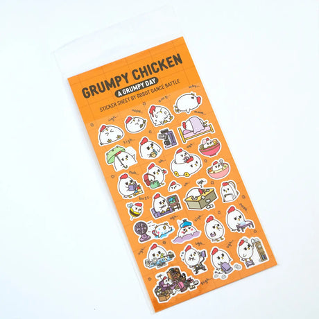 Grumpy Chicken is all sorts of moods, but mostly grumpy.

There are 27 individual stickers on the sheet.

They are vinyl stickers on a clear plastic sheet with a backing card.

The whole packaging is 3.8 x 8.75" and is ready to hang.
The sticker sheet is 3.75 x 5.8"
