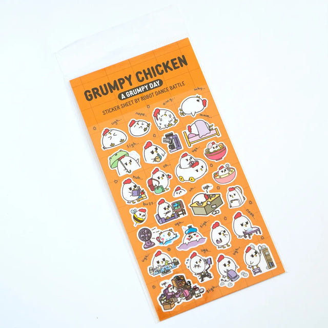 Grumpy Chicken is all sorts of moods, but mostly grumpy.

There are 27 individual stickers on the sheet.

They are vinyl stickers on a clear plastic sheet with a backing card.

The whole packaging is 3.8 x 8.75" and is ready to hang.
The sticker sheet is 3.75 x 5.8"