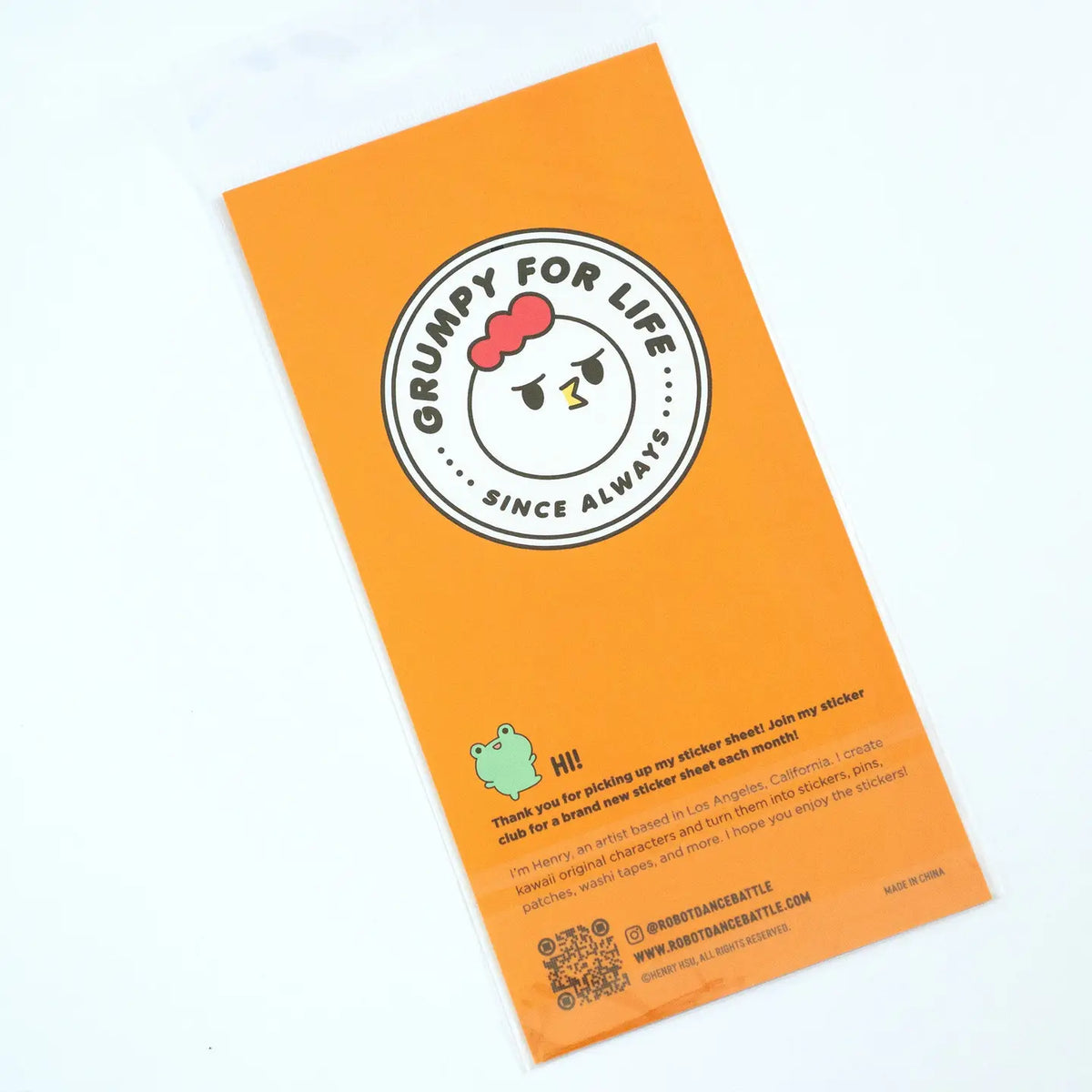 Grumpy Chicken is all sorts of moods, but mostly grumpy.

There are 27 individual stickers on the sheet.

They are vinyl stickers on a clear plastic sheet with a backing card.

The whole packaging is 3.8 x 8.75" and is ready to hang.
The sticker sheet is 3.75 x 5.8"