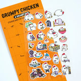 Grumpy Chicken is all sorts of moods, but mostly grumpy.

There are 27 individual stickers on the sheet.

They are vinyl stickers on a clear plastic sheet with a backing card.

The whole packaging is 3.8 x 8.75" and is ready to hang.
The sticker sheet is 3.75 x 5.8"