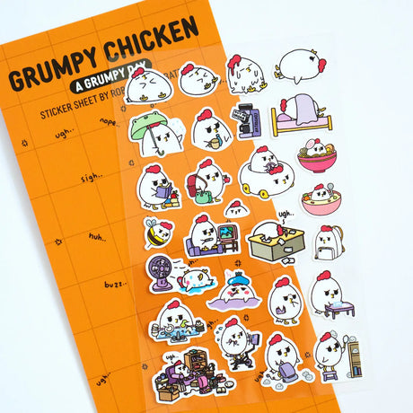 Grumpy Chicken is all sorts of moods, but mostly grumpy.

There are 27 individual stickers on the sheet.

They are vinyl stickers on a clear plastic sheet with a backing card.

The whole packaging is 3.8 x 8.75" and is ready to hang.
The sticker sheet is 3.75 x 5.8"