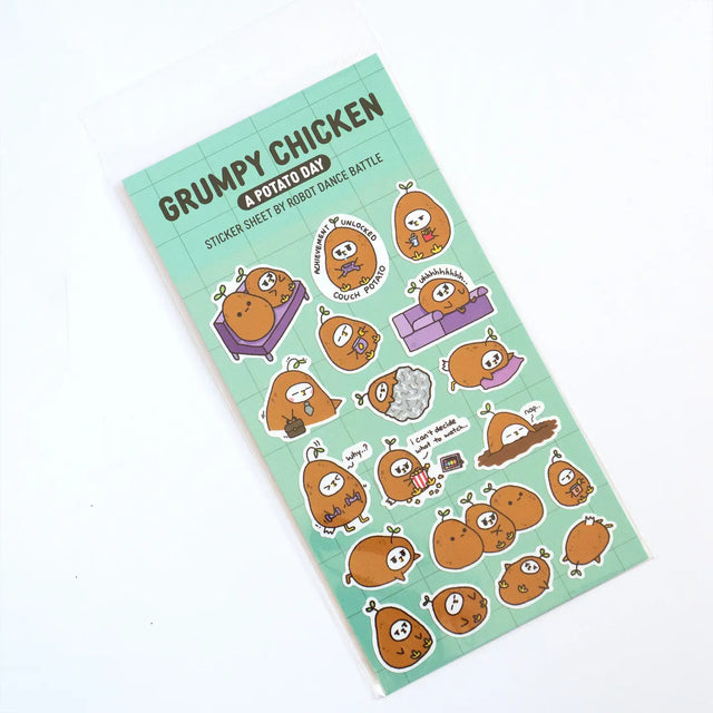 Grumpy Chicken is all about that potato life.

There are 18 individual stickers on the sheet.

They are vinyl stickers on a clear plastic sheet with a backing card.

The whole packaging is 3.8 x 8.75" and is ready to hang.
The sticker sheet is 3.75 x 5.8"