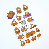 Grumpy Chicken is all about that potato life.

There are 18 individual stickers on the sheet.

They are vinyl stickers on a clear plastic sheet with a backing card.

The whole packaging is 3.8 x 8.75" and is ready to hang.
The sticker sheet is 3.75 x 5.8"