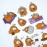 Grumpy Chicken is all about that potato life.

There are 18 individual stickers on the sheet.

They are vinyl stickers on a clear plastic sheet with a backing card.

The whole packaging is 3.8 x 8.75" and is ready to hang.
The sticker sheet is 3.75 x 5.8"