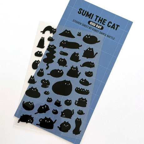 This is part of a new series of sticker sheets that feature different "days".

This one features Sumi the cat on an odd day.

There are 39 individual stickers on the sheet.

They are plastic stickers on a plastic sheet with a backing card and packaging that's ready to display.

The whole packaging is 3.8 x 8.75" and is ready to hang.
The sticker sheet is 3.75 x 5.8"