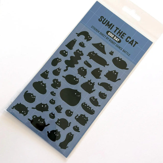 This is part of a new series of sticker sheets that feature different "days".

This one features Sumi the cat on an odd day.

There are 39 individual stickers on the sheet.

They are plastic stickers on a plastic sheet with a backing card and packaging that's ready to display.

The whole packaging is 3.8 x 8.75" and is ready to hang.
The sticker sheet is 3.75 x 5.8"