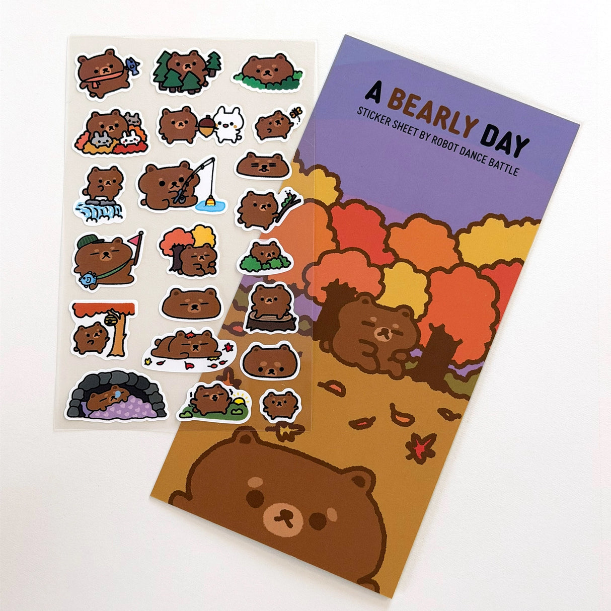 Robot Dance Battle Sticker Sheet - A Bearly Day Planner

This is part of a new series of sticker sheets that feature different "days".

There are 21 individual stickers on the sheet full of a bearly trying bear.

They are vinyl stickers on a clear plastic sheet with a backing card and packaging that's ready to display.

The sticker sheet is 3.75 x 5.8"