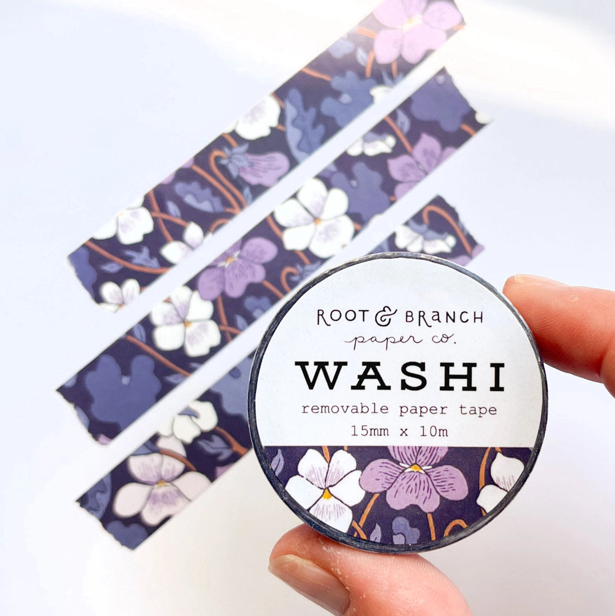 Our violets floral washi is a lightweight decorative tape printed on mulberry paper. It is removable and leaves no residue, making it perfect for scrapbooking, stationery, crafts and more.