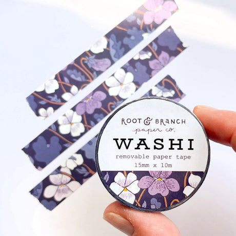 Our violets floral washi is a lightweight decorative tape printed on mulberry paper. It is removable and leaves no residue, making it perfect for scrapbooking, stationery, crafts and more.