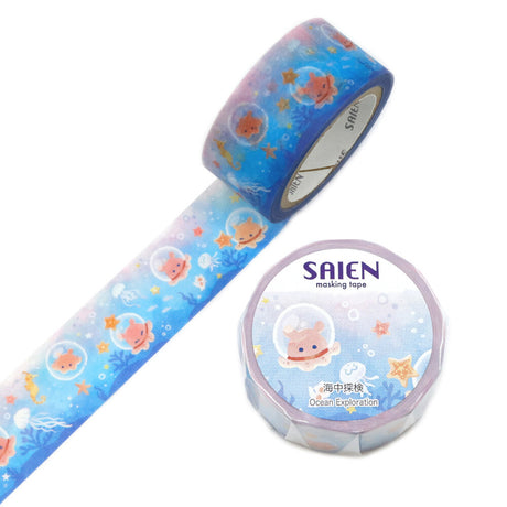 Dive into a world of gentle blues and underwater wonder with this charming washi tape from SAIEN. The design features a delightful flapjack octopus, the famously cute, pancake‑shaped deep‑sea creature, illustrated in a soft, friendly style that brings instant joy to any craft project.