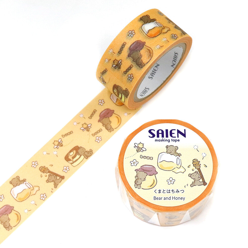 Sweet, warm, and irresistibly charming, this delightful washi tape from SAIEN features an adorable bear enjoying honey, perfect for adding a cozy touch to planners, journals, scrapbooks, and handmade cards. The soft beige and animal-themed illustrations bring a gentle, whimsical feel to any project.