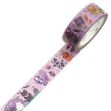 A roll of decorative washi tape with a Halloween pattern, shown partially unrolled on a plain white background. The tape features illustrations of a black cat, pumpkin, ghost, coffin, bat, and stars on a light purple background.