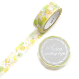 A soft watercolor honeycomb drifts across this tape in gentle yellows and greens, capturing the quiet charm of a sunny garden morning. The translucent Japanese paper lets each hexagon glow lightly, giving the design a fresh, airy sweetness, like sunlight slipping through leaves. Part of SAIEN’s Time of Fruits series, it pairs delicate color with the signature softness of traditional washi.