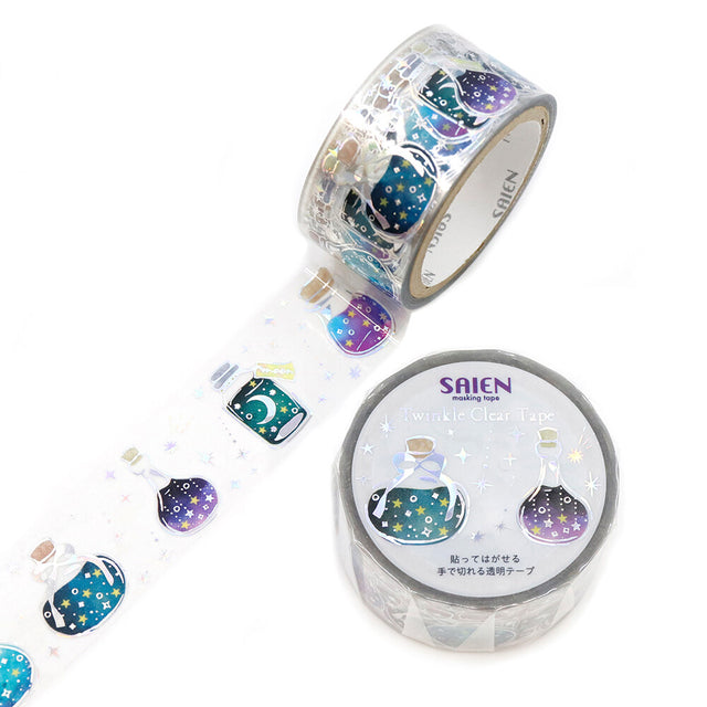 Capture a little piece of the night sky with this enchanting Starry Sky Bottle Clear Tape from SAIEN. Designed on a transparent base, this tape features tiny glass bottles filled with stars, constellations, and shimmering celestial motifs. The clear material lets the artwork float beautifully over any background, creating a soft, magical glow on planners, journals, and craft projects.