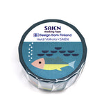 A roll of SAIEN masking tape featuring a 'Design from Finland' illustration by Heidi Valkola x SAIEN, with a blue underwater design and a stylized fish, shown on a white background.