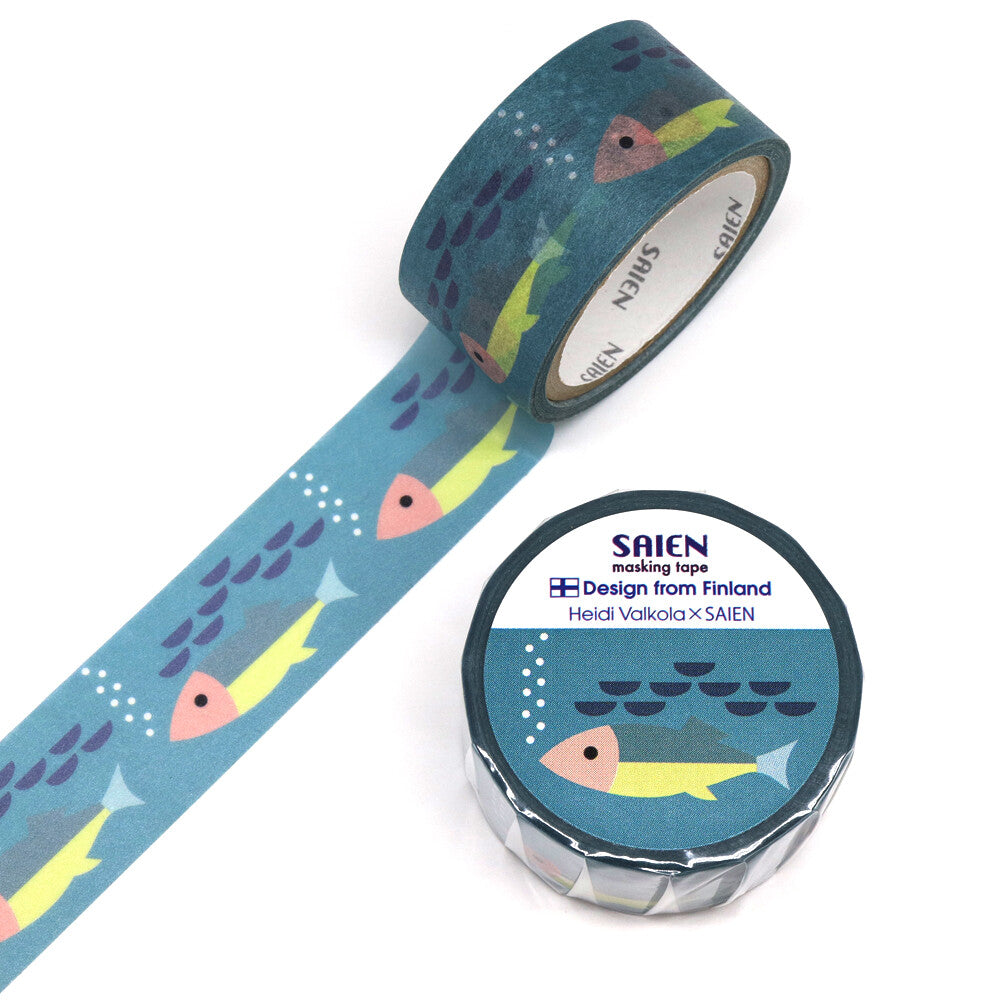A beautifully artistic collaboration between SAIEN and Finnish illustrator Heidi Valkola, this washi tape brings a serene underwater world to life. The design features delicately painted fish drifting through soft blue waters, capturing Heidi Valkola’s signature gentle, Nordic watercolor style.