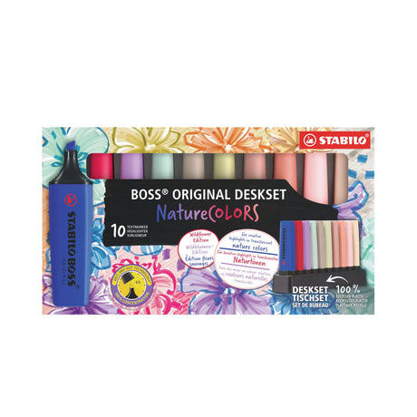 A design classic since 1971 and Europe's number-one highlighter, the STABILO BOSS ORIGINAL NatureCOLORS Wildflower edition brings a fresh, nature-inspired palette to one of stationery's most trusted tools. The collection takes its color cues from the worlds of interior and fashion design, translating them into ten sophisticated NatureCOLORS shades: ultramarine, blush, burgundy, grey violet, warm grey, sienna, mud green, earth green, umber, and beige, that feel at home on any desk.

The iconic chisel tip del