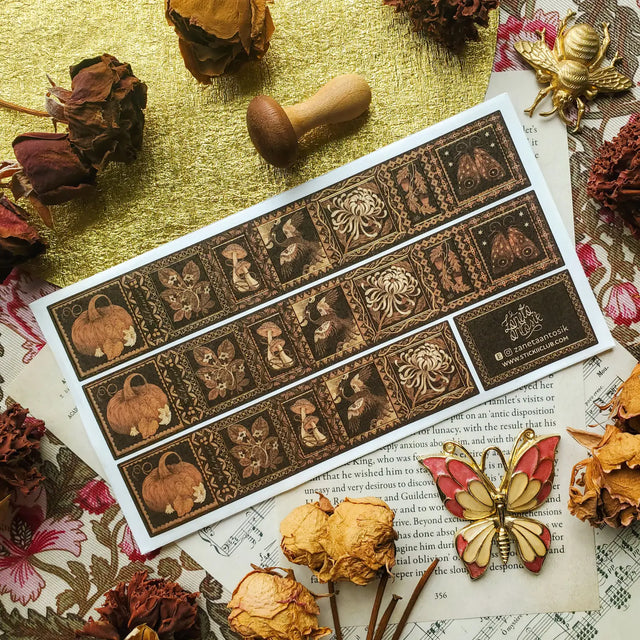 STICKII - Autumn in Gold Washi Sticker Sheet

🍂🕯️ A little moody, a little magical, and beautifully steeped in autumn charm, @zanetaantosik’s washi sheet feels like a cabinet of seasonal curiosities. Ornate frames hold pumpkins, mushrooms, moths, birds, blossoms, and acorns in rich shades of amber, brown, cream, and gold. This sheet is perfect for adding a warm vintage touch to journals, letters, and cozy fall pages. Art by: @zanetaantosik

Top Coating: Gold Foil
Adhesive Layer: Paper
Backing Layer: Paper