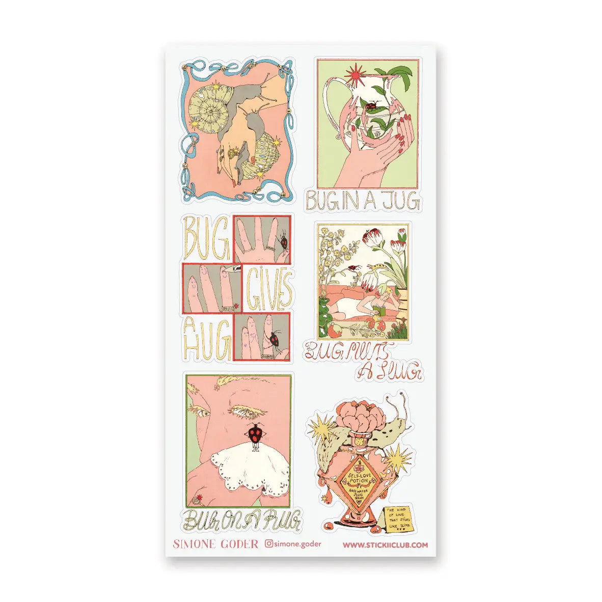 🐌💐 @simone.goder’s sheet is crawling with tiny romance, fun florals, and tender little moments for the bugs we don’t always stop to adore. From a bug tucked inside a jug to a beetle on a rug, snails being lovingly held, and a slug mixing up a self-love potion, these are definitely giving big feelings, tiny legs, and a whole lot of buggy charm.

Art by: @simone.goder

• One sticker sheet is included.
• Top Coating: None
• Adhesive Layer: Paper
• Backing Layer: Paper
• 6.69"x3.54"
• Weight-0.03oz
• 1 Sheet 