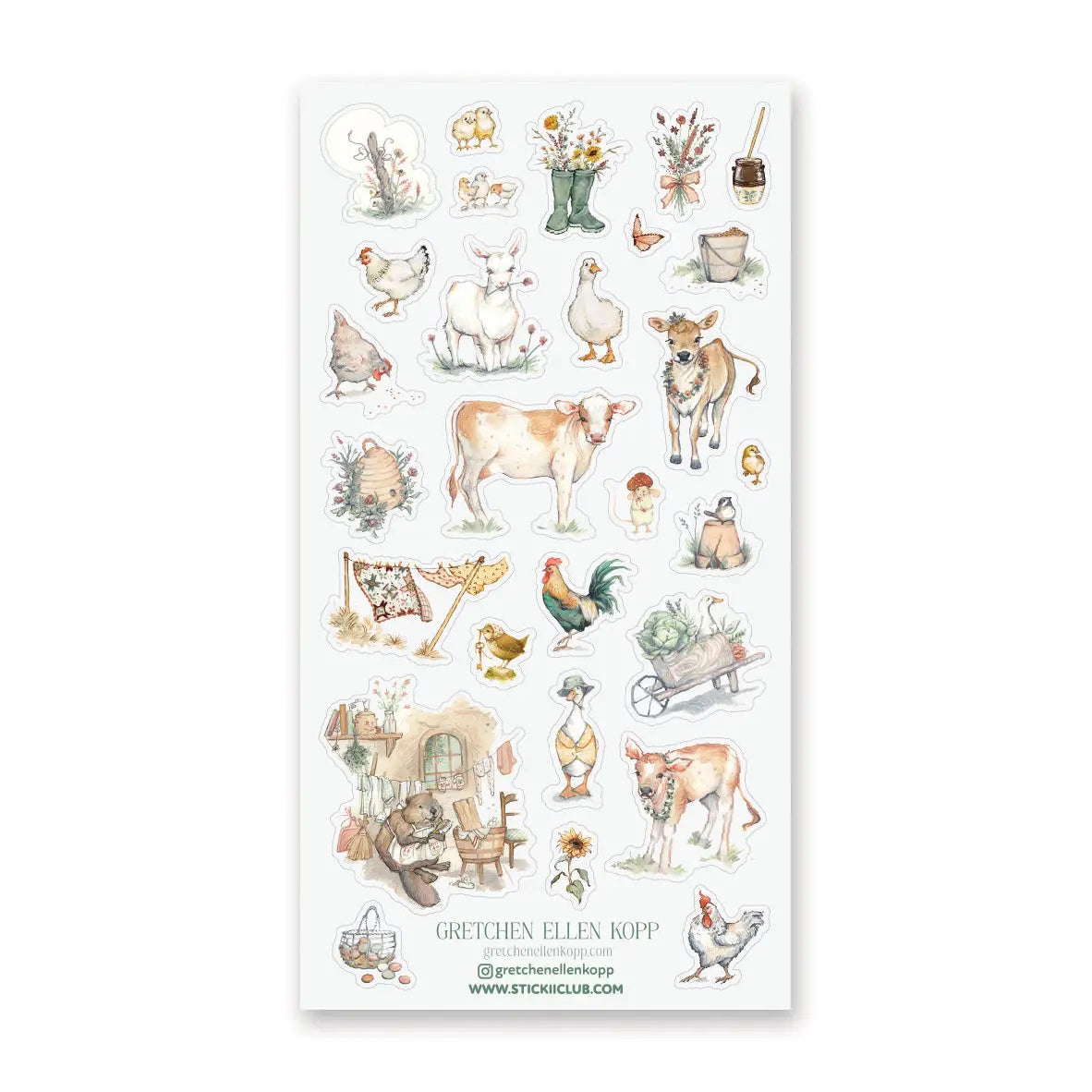 🐄🌾 Morning chores look especially sweet on @gretchenellenkopp’s gentle farmstead, where calves wear floral garlands, ducks waddle in their finest bonnets, and chickens roam between fresh linens on the line. From bouquets tucked into rain boots to honey jars, egg baskets, garden carts, and cozy little workroom corners, this set is full of soft little farm charm.

Art by: @gretchenellenkopp

One sticker sheet is included.
• Top Coating: None
• Adhesive Layer: Paper
• Backing Layer: Paper
• Size: 9x17cm
• 6.