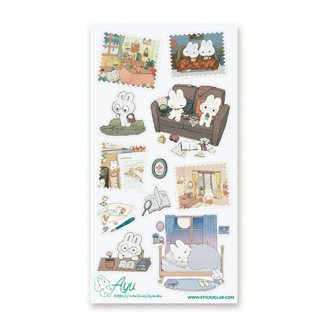 🐰🛌 Join @round_frog_’s lovely little bunnies as they hop through their darling daily adventures! These bookish buns can’t imagine a day without snuggling up with their favorite stories. Whether they’re scribbling away at their desk or drifting into dreamland next to a treasured book, they’re living their best literary life—and they couldn’t be happier! Art by: @round_frog_

Top Coating: None
Adhesive Layer: Paper
Backing Layer: Paper
6.69" x 3.54".
Weight - 0.03lbs.