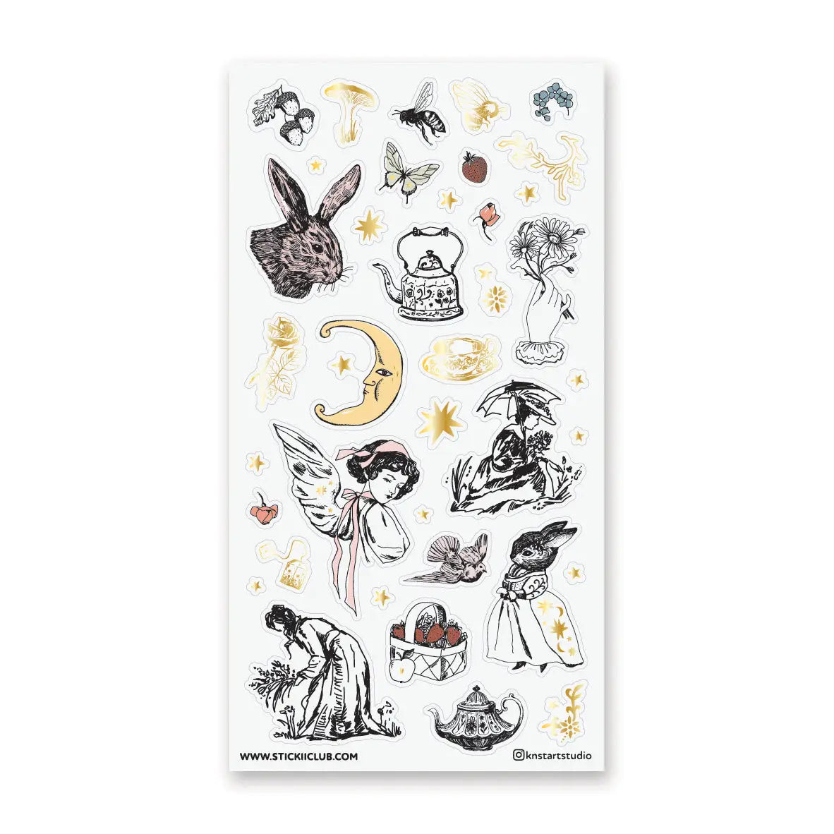 🐇🫖 Somewhere between an old garden journal and a moonlit tea party, @knstartstudio’s enchanting sheet features rabbits in little outfits, winged maidens, buzzing bees, mushrooms, strawberries, roses, and ornate teapots. It’s cottage life with a hint of folklore, perfect for anyone who loves their farmhouse days served with tea leaves, wildflowers, and a little moonlight.

Art by: @knstartstudio

One sticker sheet is included.
• Top Coating: Gold foil
• Adhesive Layer: Washi
• Backing Layer: Clear PET
• 6.