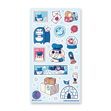 STICKII - Penguin Post Sticker Sheet

Through snow and sleet and even more snow! The Arctic post office delivers on time no matter the weather. We’ve put your coolest party invitation in the penguin post box – don’t forget to fish for your mail in the morning! See ya there!

Art by: @taylor_ross1
Top Coating: None
Adhesive Layer: PVC (plastic)
Backing Layer: Clear PET
6.69" x 3.54".
Weight - 0.03lbs.
1 sheet included&nbsp;