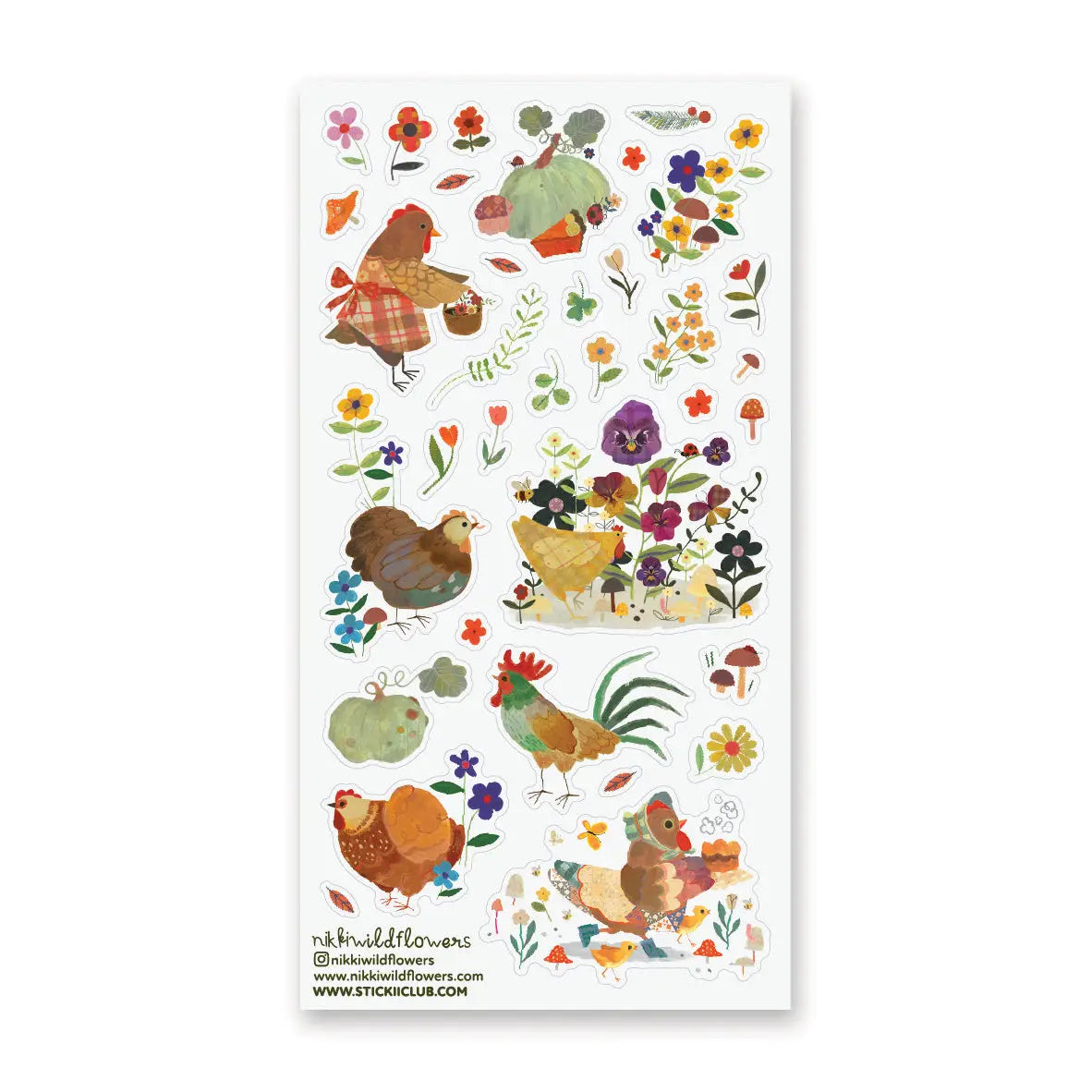 🐓🌼 A patchwork farm garden blooms to life in @nikkiwildflowers’ countryside collection. These sweet hens wander among wildflowers, pumpkins, mushrooms, and fluttering butterflies, each scene stitched with the homespun charm of a handmade quilt. From the proud rooster to the little chicks toddling through the garden, this sheet is a celebration of simple country days.

Art by: @nikkiwildflowers

One sticker sheet is included.

• Top Coating: Matte
• Adhesive Layer: Washi
• Backing Layer: Clear PET
• 6.69" 