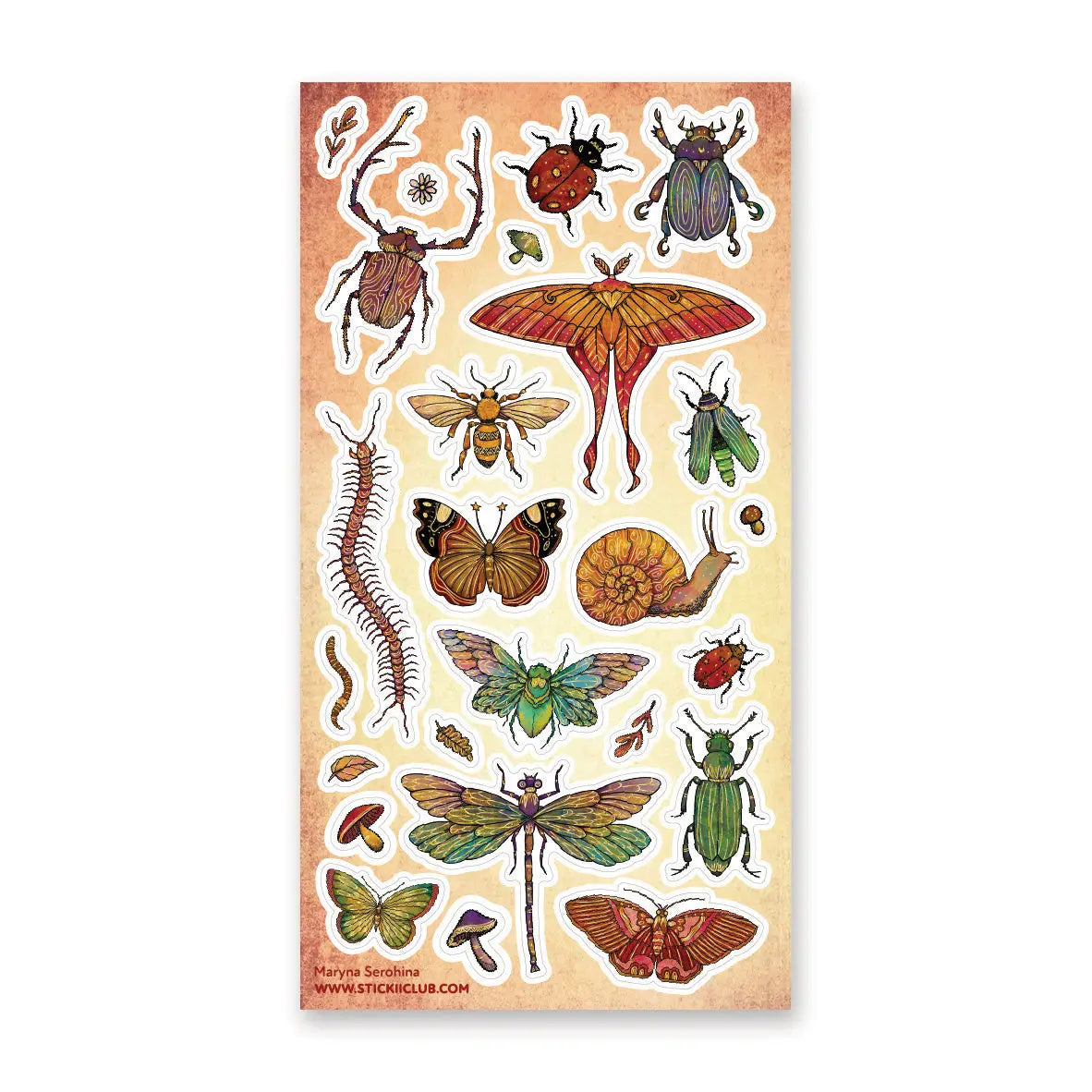 🪲🦋 Bugs get the grand treatment in this striking collection of richly detailed beetles, moths, butterflies, cicadas, and other curious crawlers! Dressed in jewel-toned greens, fiery reds, burnished golds, and intricate patterns, these tiny creatures prove that the insect world can be every bit as bold and beautiful as it is wonderfully wild.

One sticker sheet is included.

• Top Coating: Gold foil
• Adhesive Layer: Paper
• Backing Layer: Paper
• 6.69" x 3.54"
• Weight: 0.03 oz